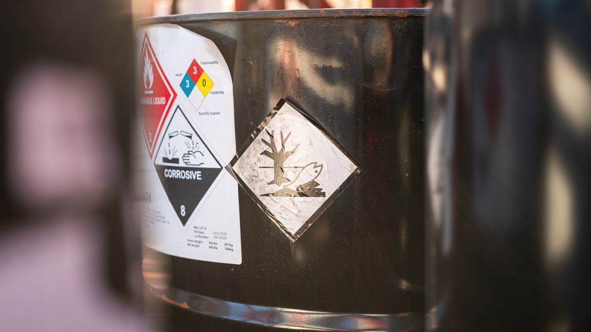 Environmental hazard placard on chemical barrel