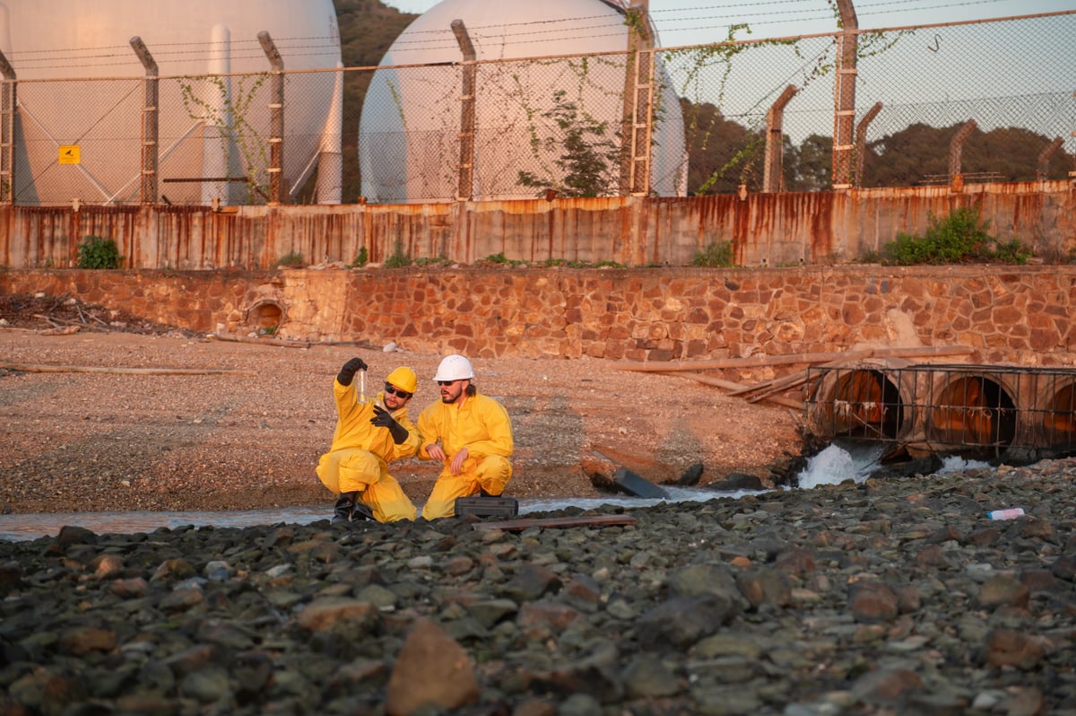 Engineers inspecting water quality near an industrial facility