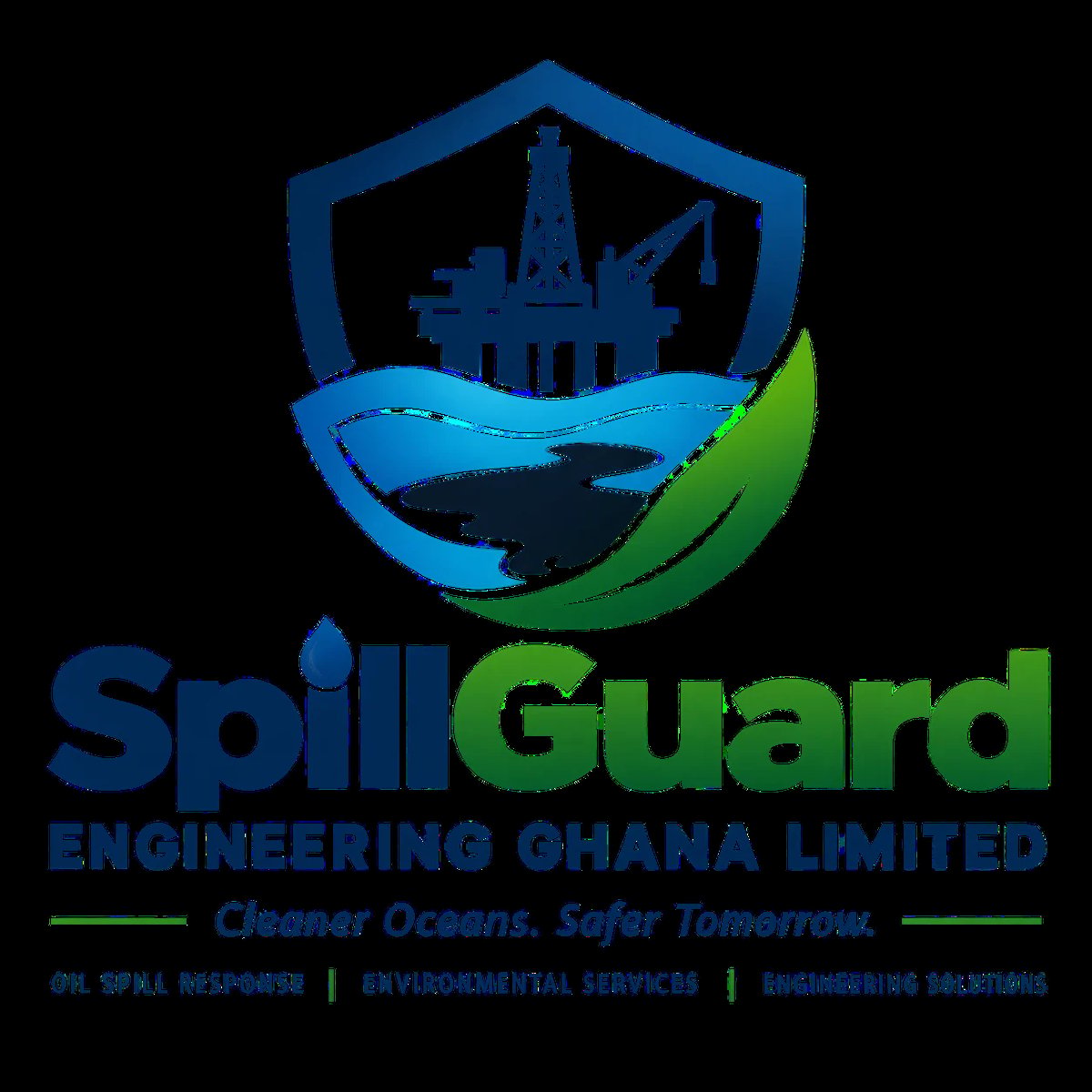 SpillGuard Engineering Ghana Limited logo — oil rig silhouette in a shield with blue and green elements, tagline Cleaner Oceans Safer Tomorrow